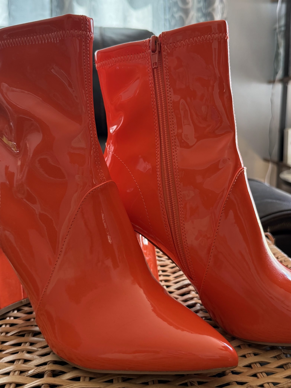 Patent Orange Pointed-Toe Stiletto Ankle Boots